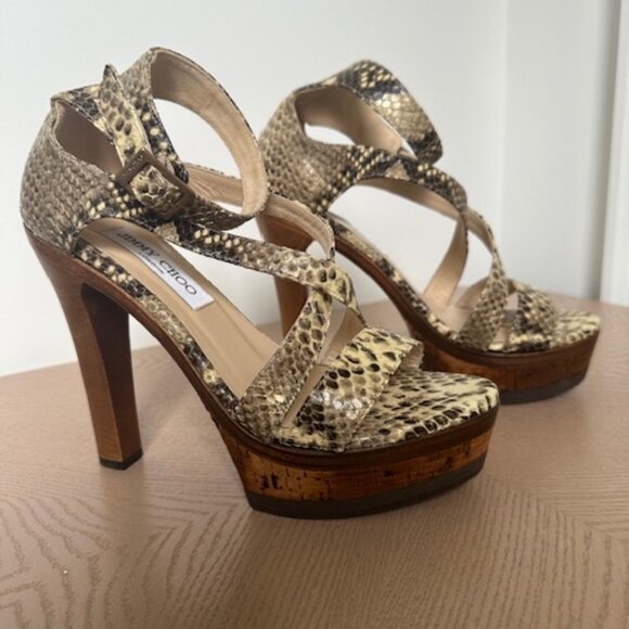 Jimmy Choo metallic print snake-effect leather platforms with wood & cork heels - Picture 1 of 6
